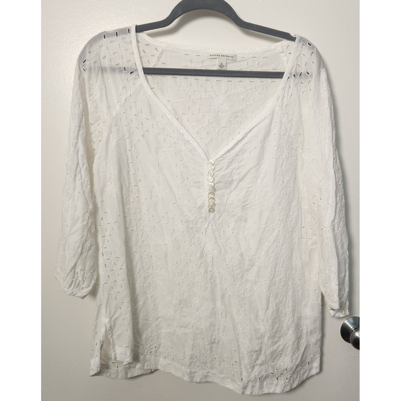 Banana Republic White Eyelet Embroidered Women's Tunic Xl 100% Cotton V-Neck